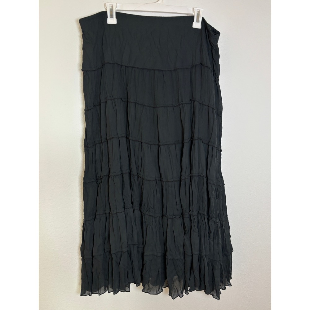 Rene Margo Black Tiered Maxi Skirt XL Boho Crinkle Lined Flowy Ruffle Long Skirt